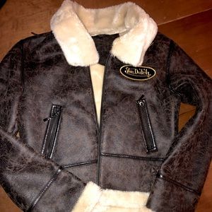 Small Brown Von Dutch jacket,brass Knuckles on the back.Faux fur lining